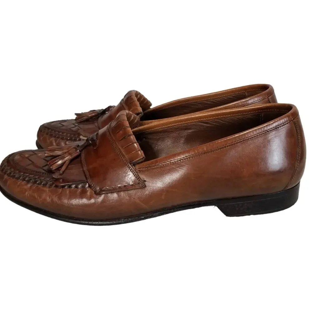 Johnston & Murphy Shoes 9.5 Loafer Double Woven Tassel Dress Mahogany Fringe